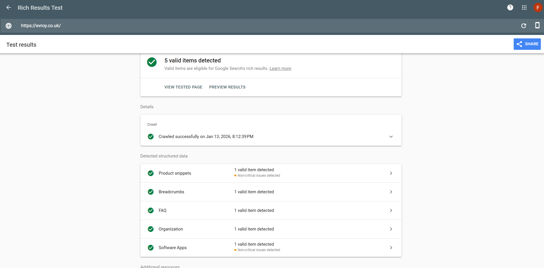 Google Rich Results Test showing 5 valid items detected after optimization