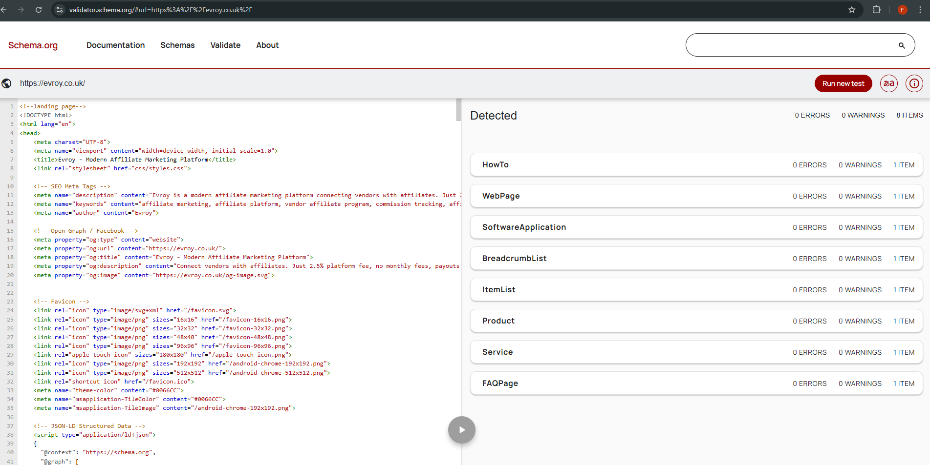 Schema.org validator showing 8 structured data types detected after optimization