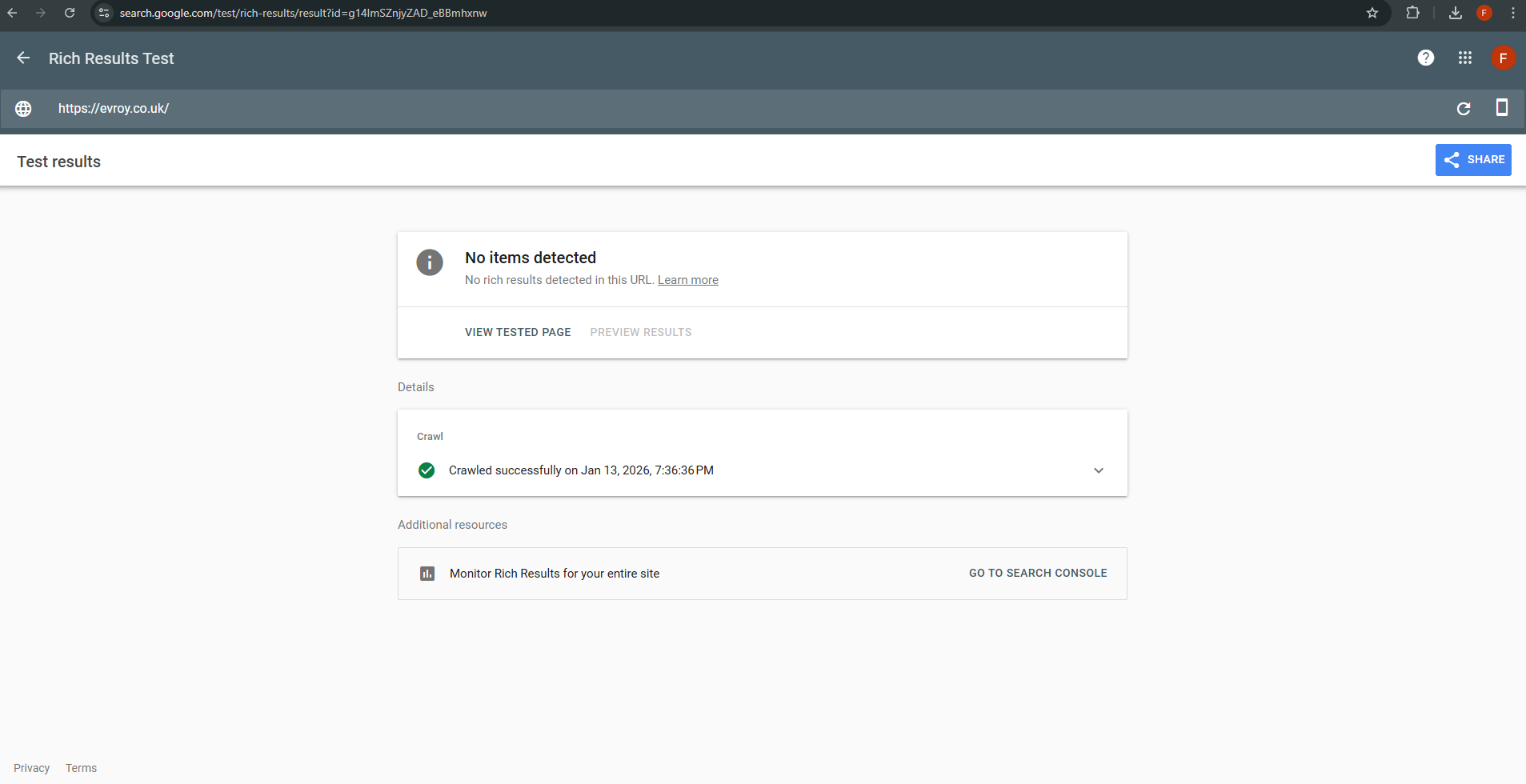 Google Rich Results Test showing no items detected before optimization