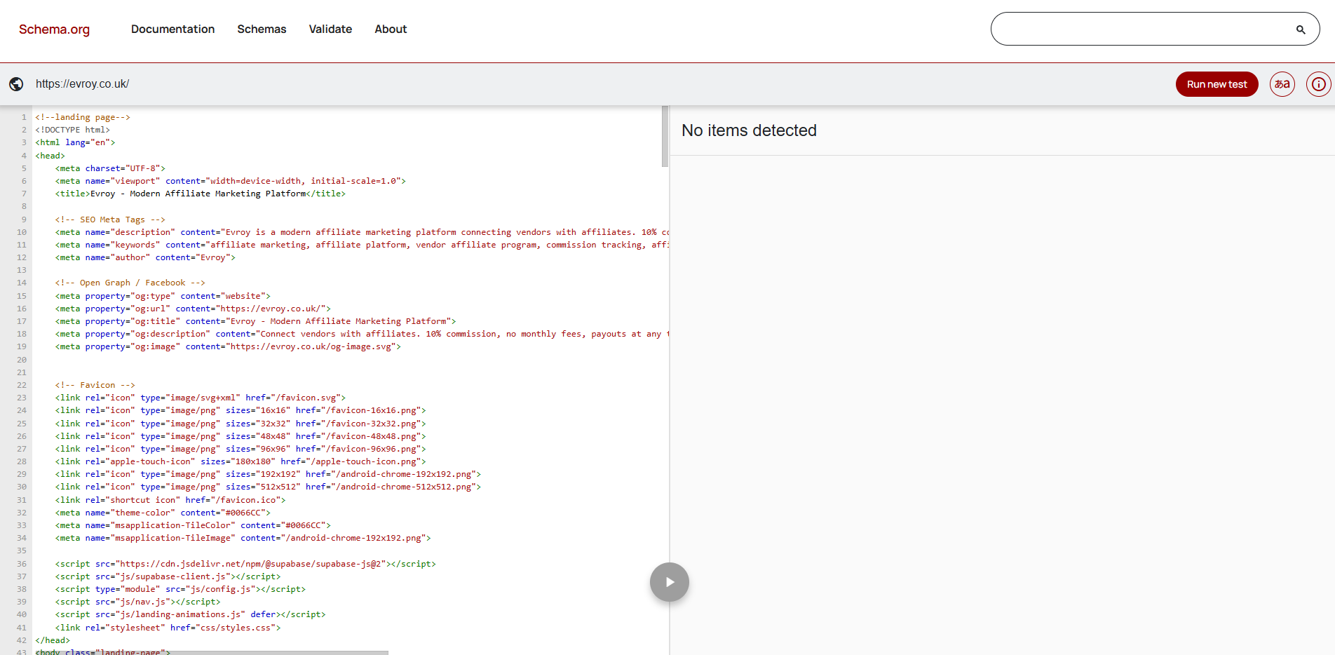 Schema.org validator showing no items detected before optimization
